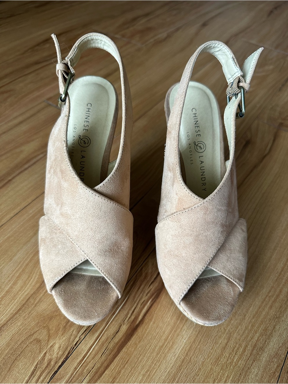 Chinese Laundry Tan Suede Cork Platform Wedge Peep Toe Sandal Size 6.5 - Picture 4 of 7